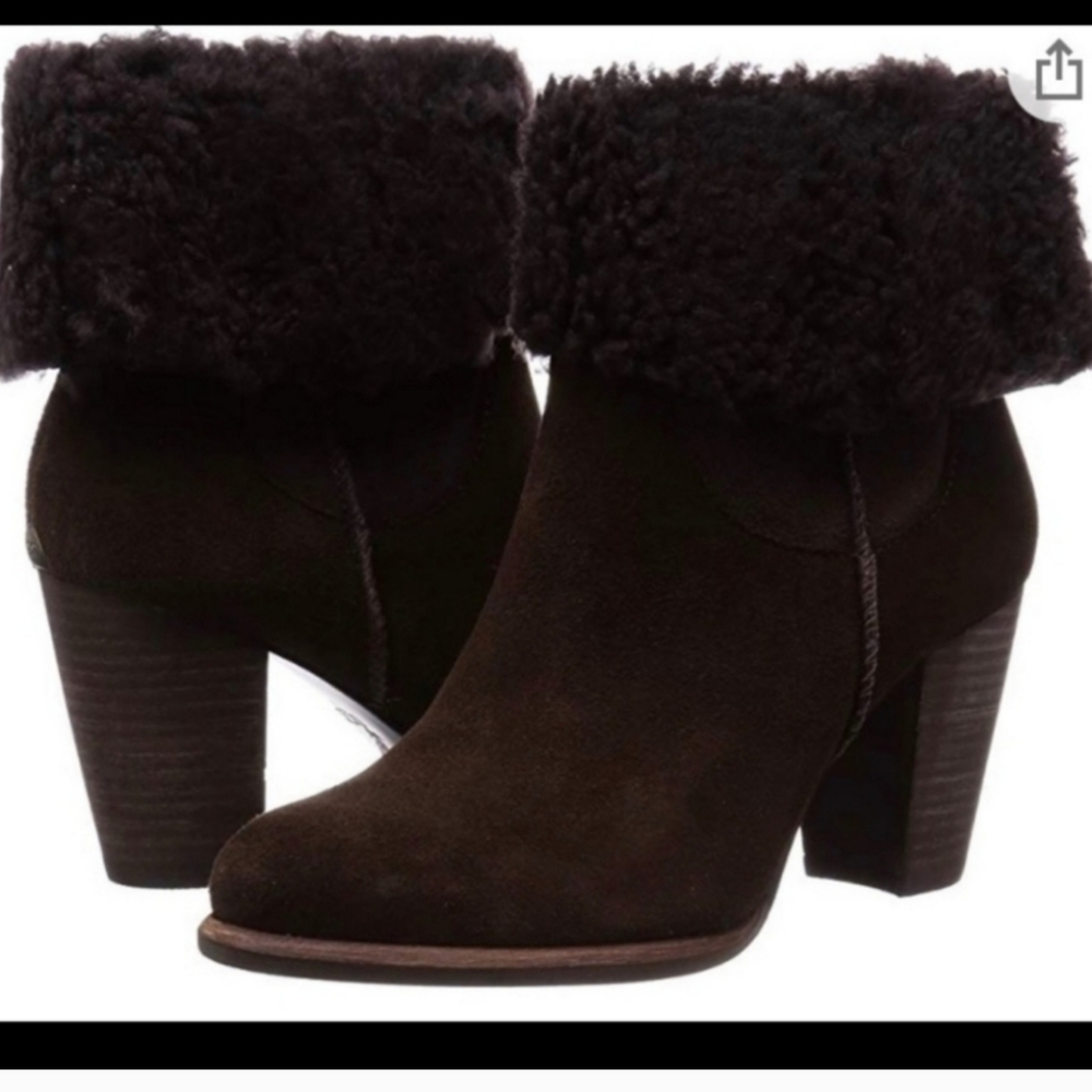 Ugg Charlee Suede Heeled Boot Fur Shearling Designer Winter Warm Cuffed #131